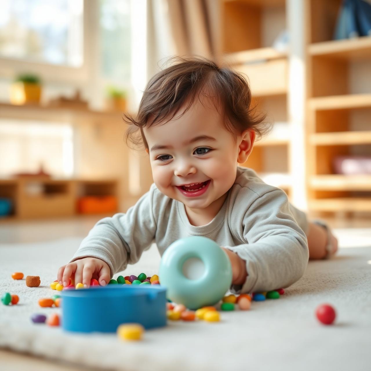 Toddler exploring colourful sensory play materials in the Champions Studio Discovery Room