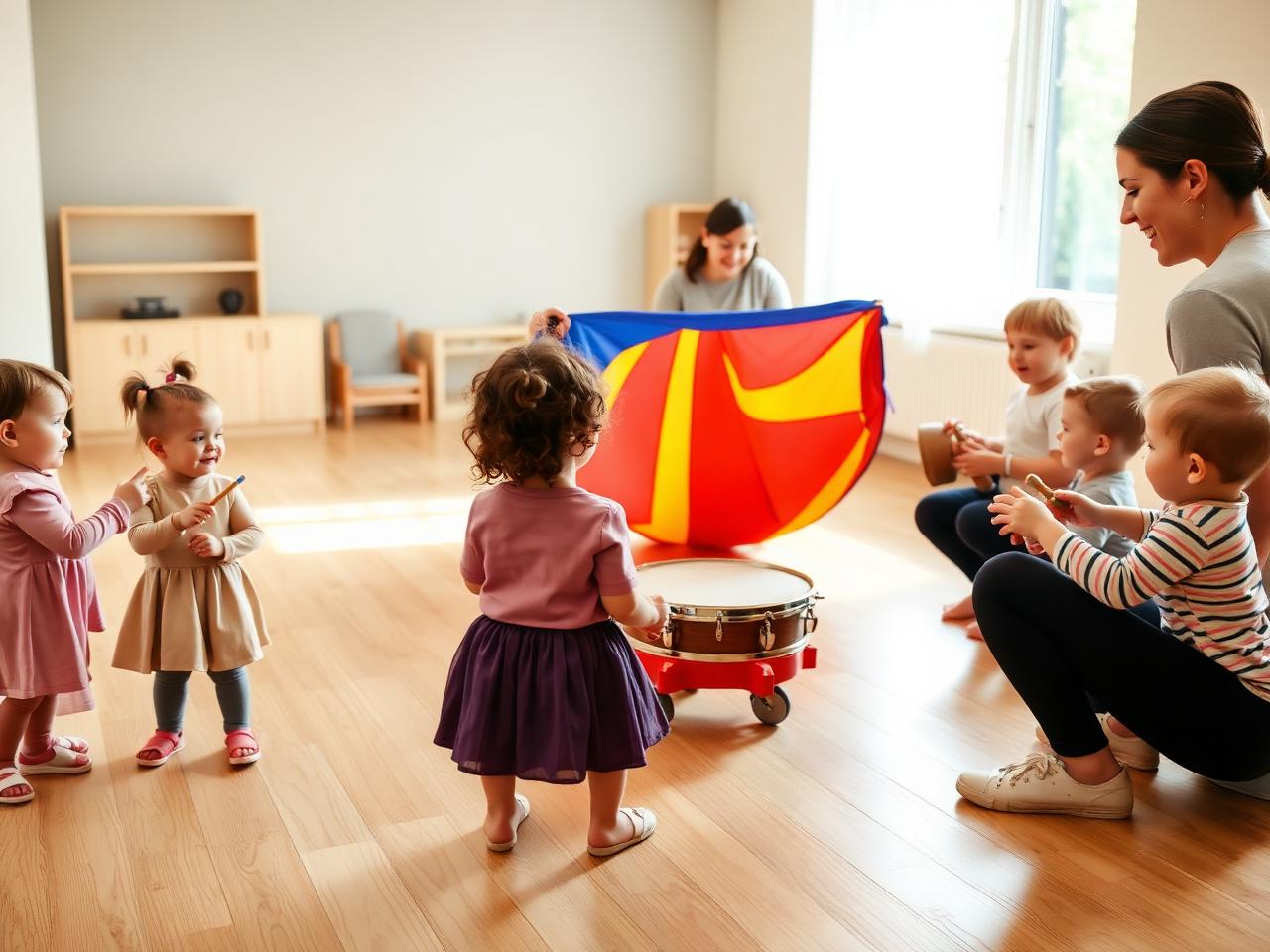 Toddlers and caregivers in a music, rhythm and parachute play session