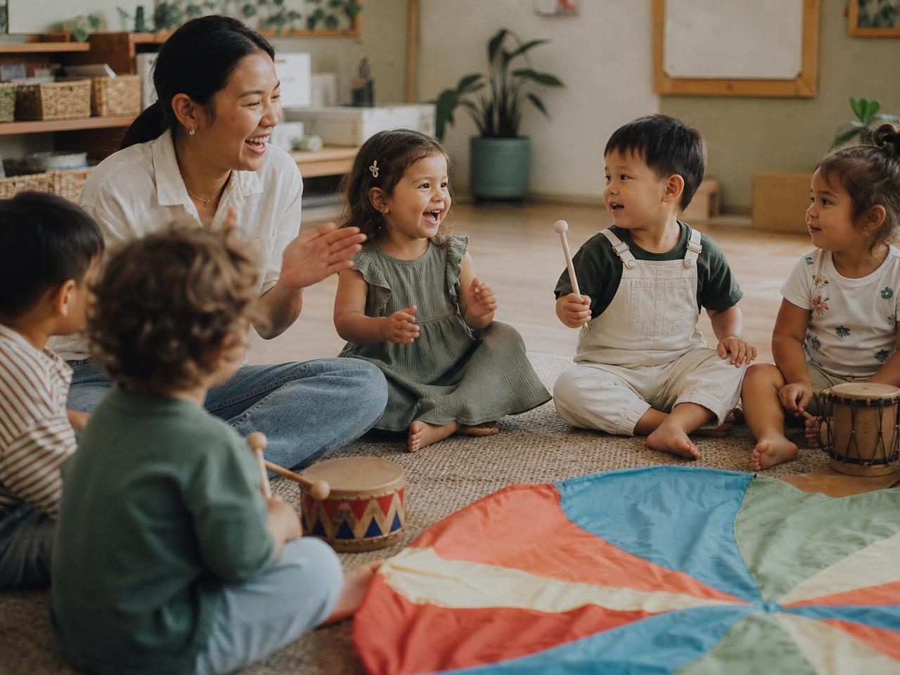 Toddlers and caregivers enjoying music, rhymes and parachute play in an Express session